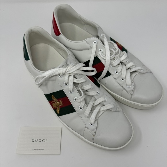 GUCCI Ace Embroidered Gold Bee White Sneakers with Red and Green Stripe - Picture 5 of 12